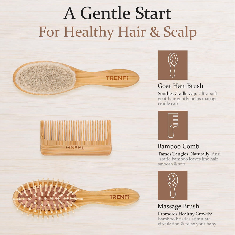 TRENFI wooden massage brush stimulates the scalp and calms a fussy baby.