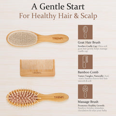 TRENFI wooden massage brush stimulates the scalp and calms a fussy baby.