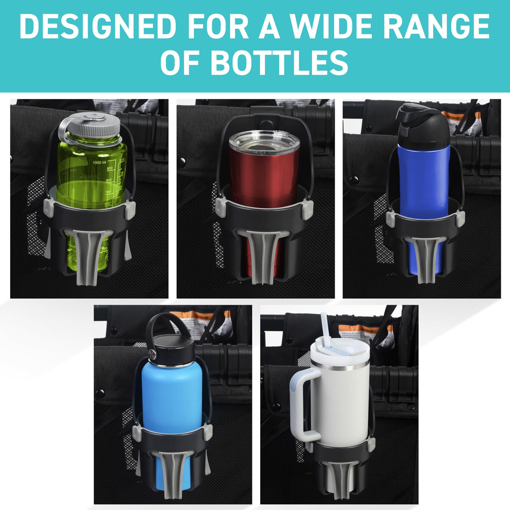 Tributary Brands cup holder clipped over wagon side for tool-free setup.