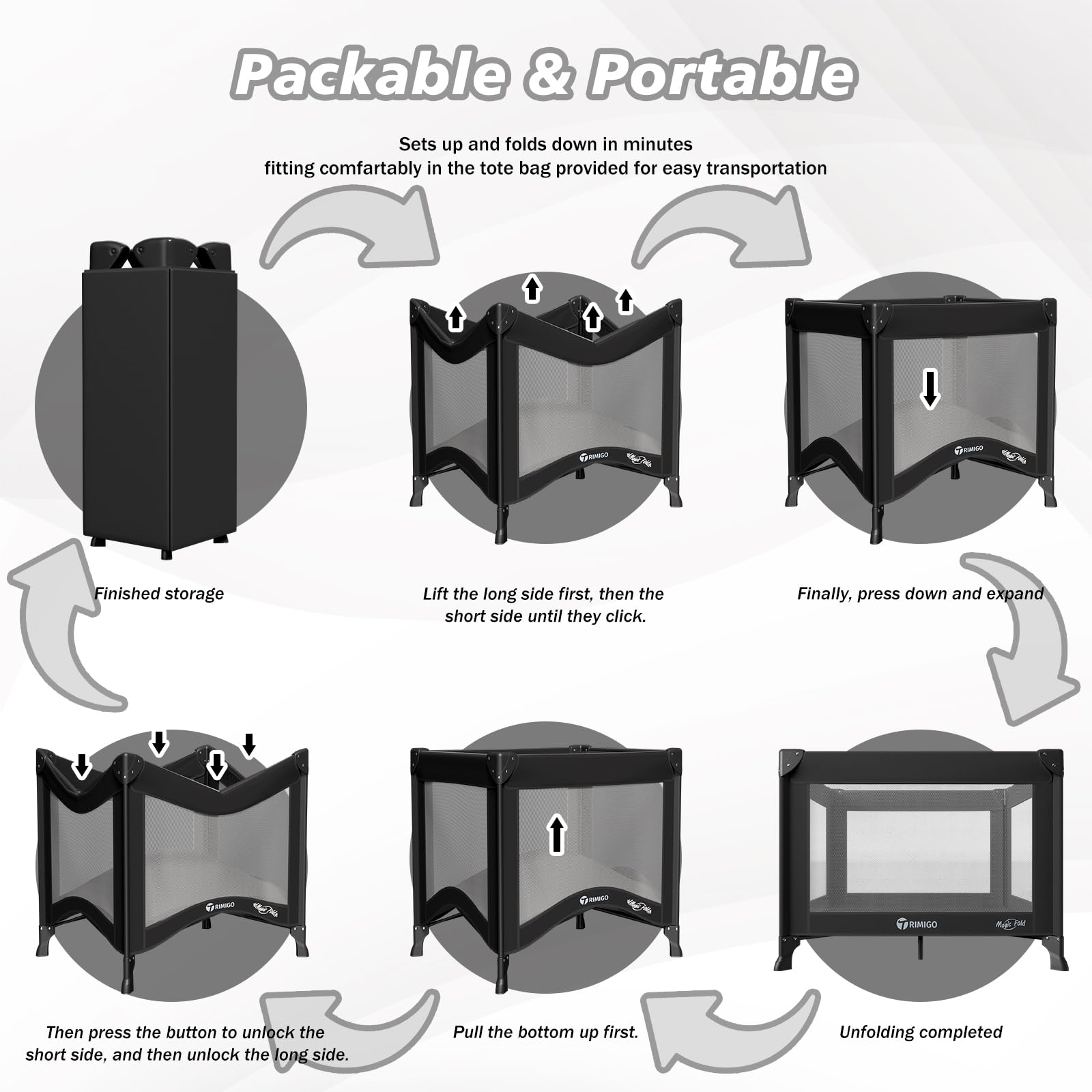 Trimigo Playpen folding system for quick setup and storage.