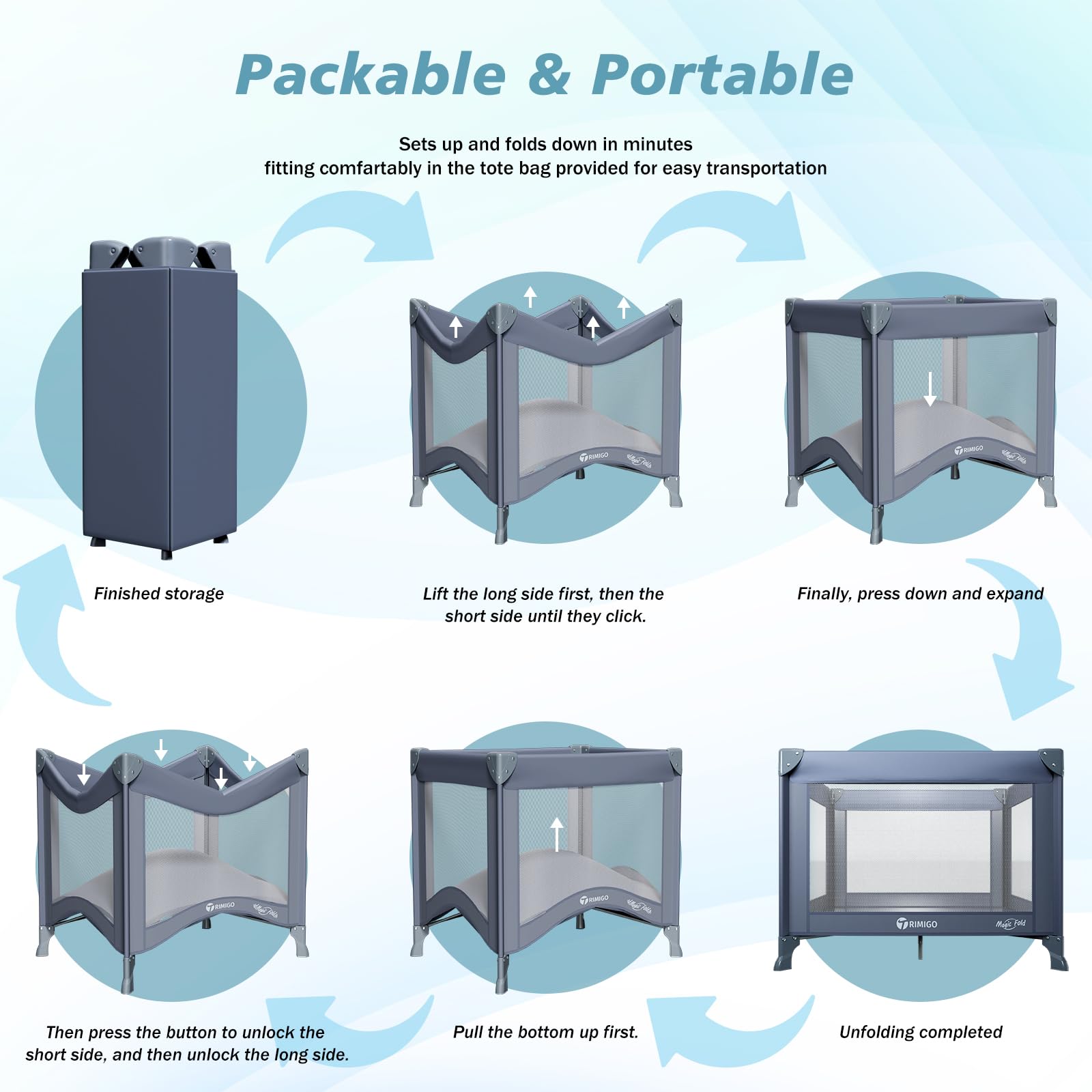 Soft knitted mattress and wipeable fabric on Trimigo playpen.