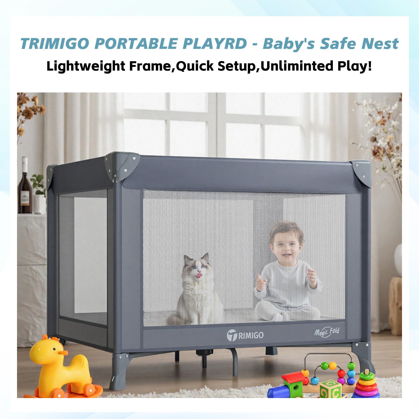 Trimigo travel crib unfolded with breathable mesh sides for airflow.