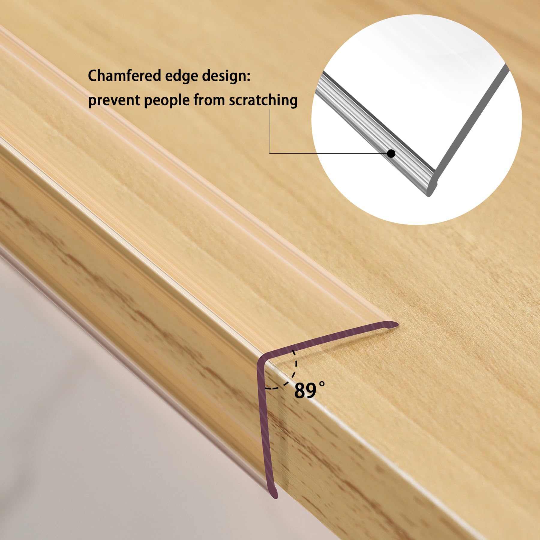Close-up of Trimold transparent protector protects furniture edges without visible bulk.