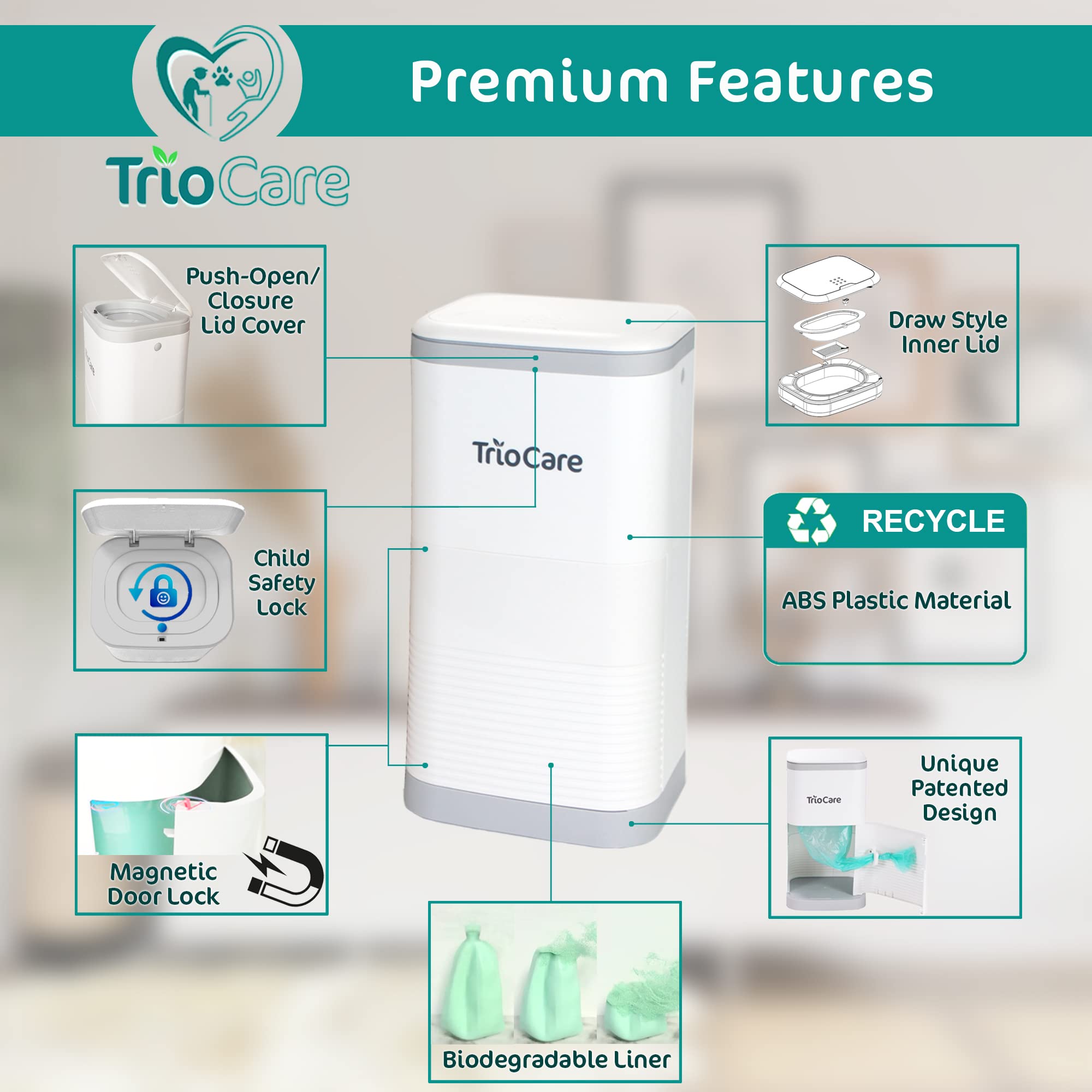 TrioCare diaper pail with drawer open showing easy one-handed use.
