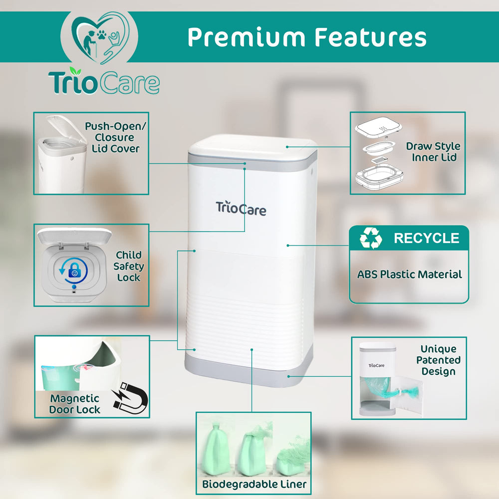 TrioCare diaper pail with drawer open showing easy one-handed use.