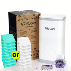 TrioCare odor-locking diaper pail front view in white with clean lines and space efficiency.