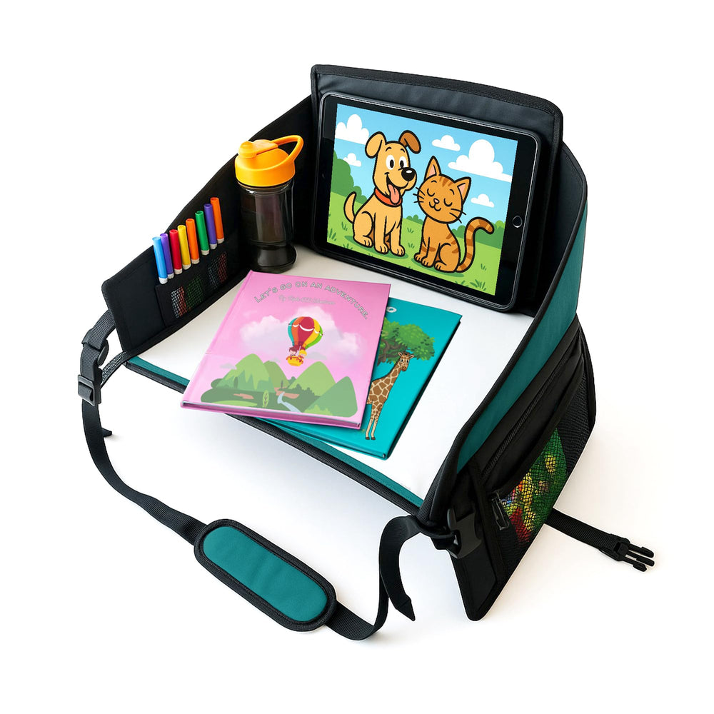 Triple EEE Adventures Kids Travel Tray Teal on car seat for organized travel
