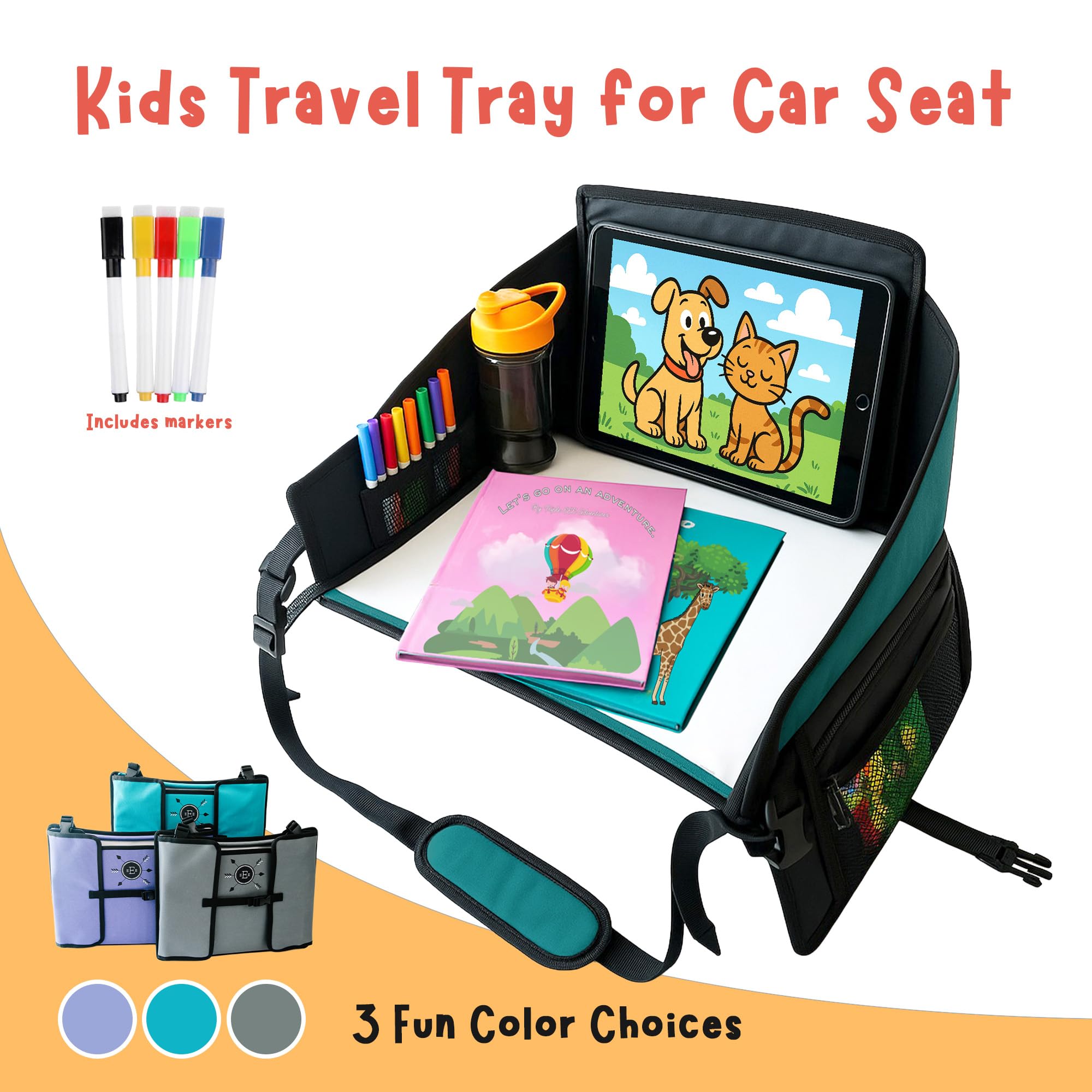 Triple EEE Adventures Teal travel tray detachable tablet holder for in-seat entertainment