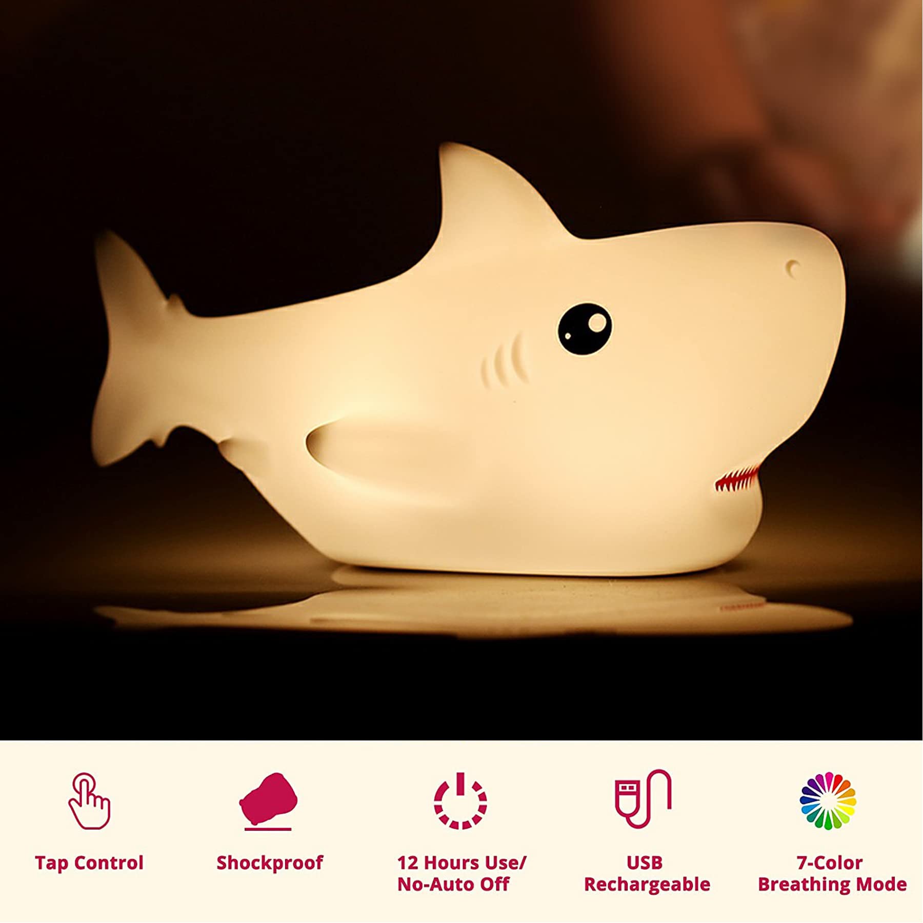 TriPro BPA-free silicone shark light provides a safe, soft-touch surface for kids.