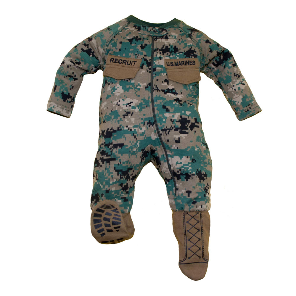 Trooper Baby Uniform Crawler with camo boots for easy diaper changes and military-inspired style.