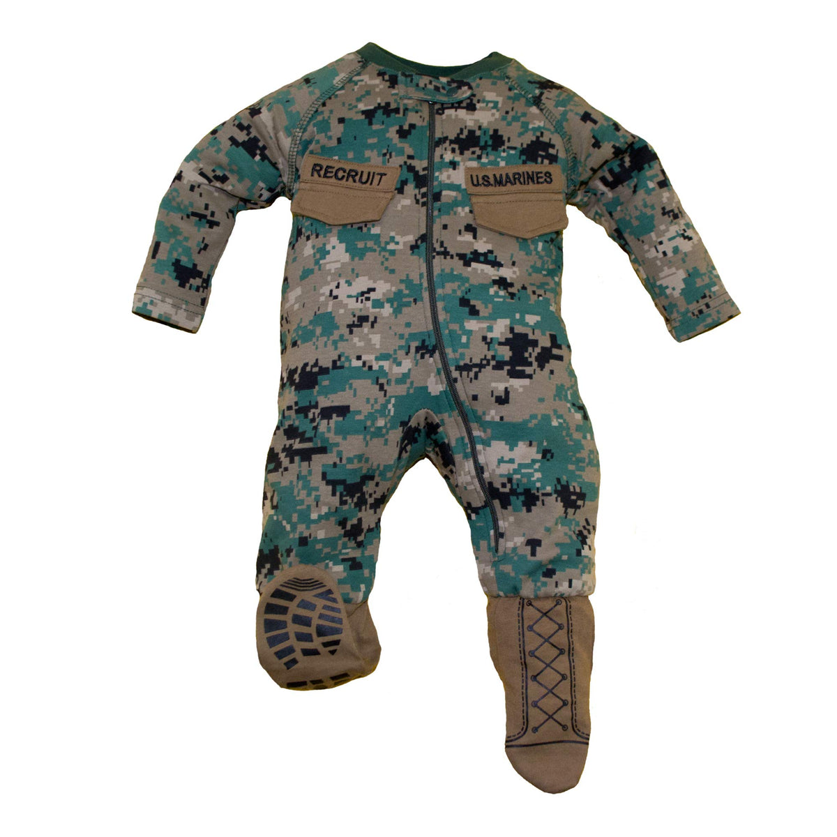 Trooper Baby Uniform Crawler with camo boots for easy diaper changes and military-inspired style.