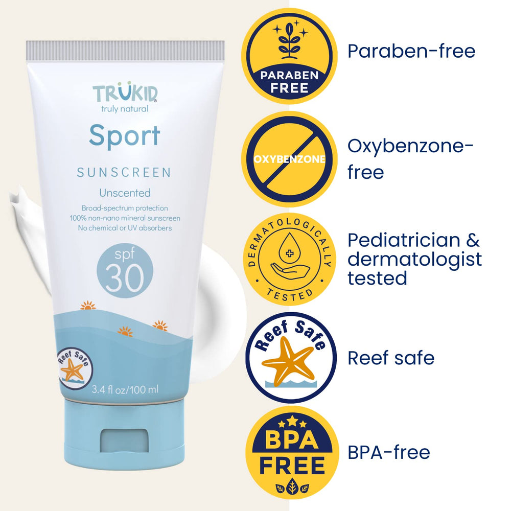 Sunny beach scene with TruKid sunscreen for reef-safe protection.