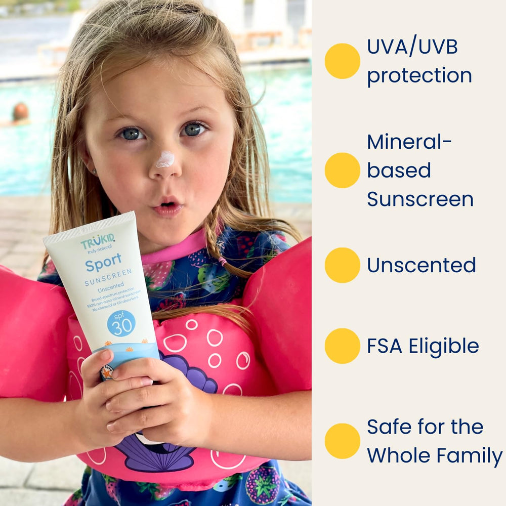 TruKid Sport Mineral Sunscreen on a child's face and body for outdoor protection.