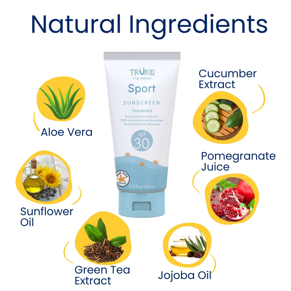 USA-made TruKid sunscreen bottle showcasing clean, non-toxic sun care.