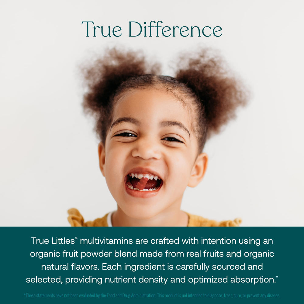 Allergen-free vegan packaging of True Grace True Littles multivitamin for kids.