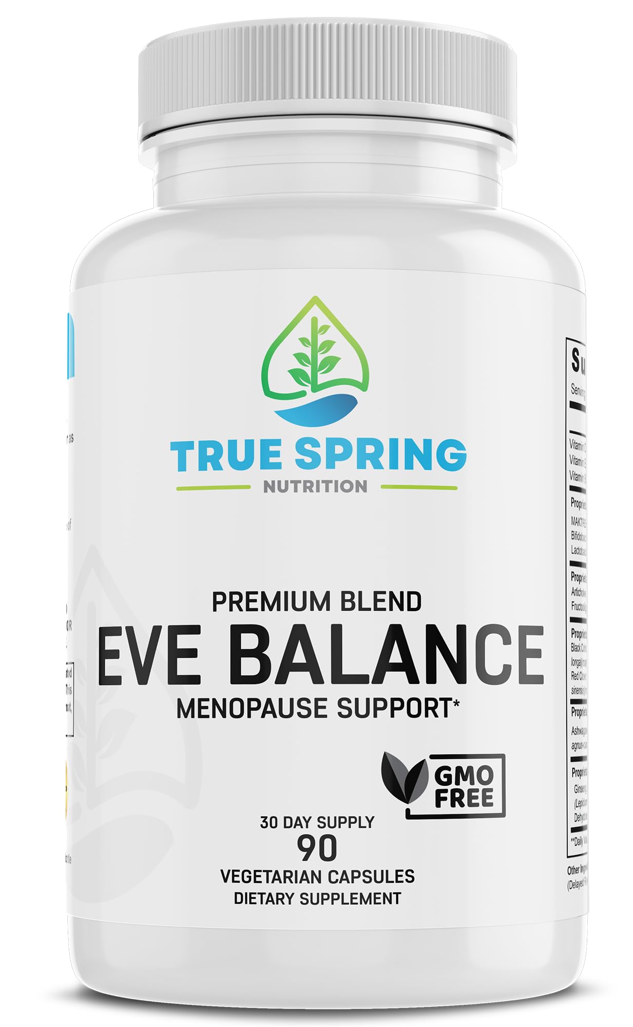 True Spring Eve Balance bottle pour, easy daily menopause support.