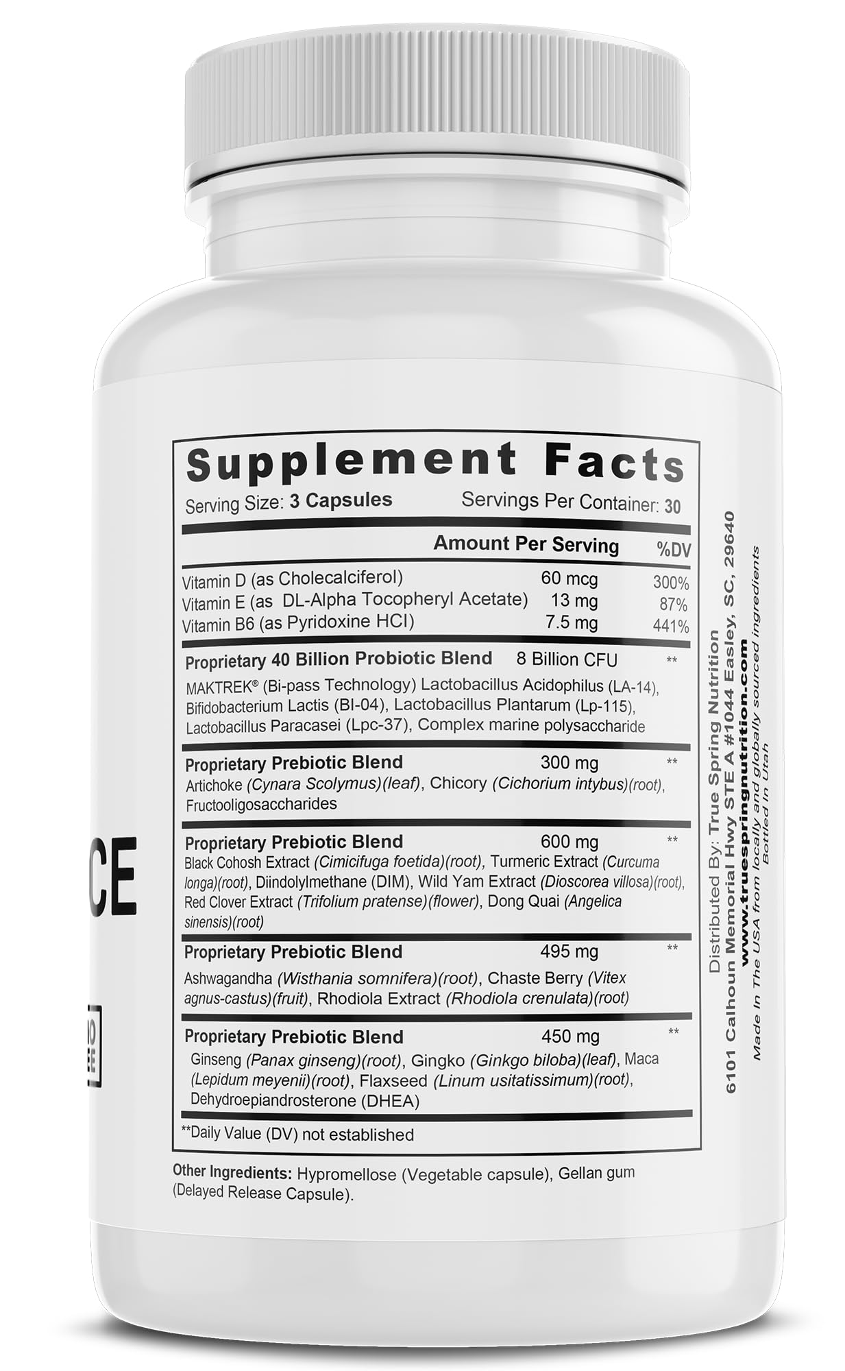 True Spring Eve Balance ingredient label, communicates prebiotics and probiotics for gut health.