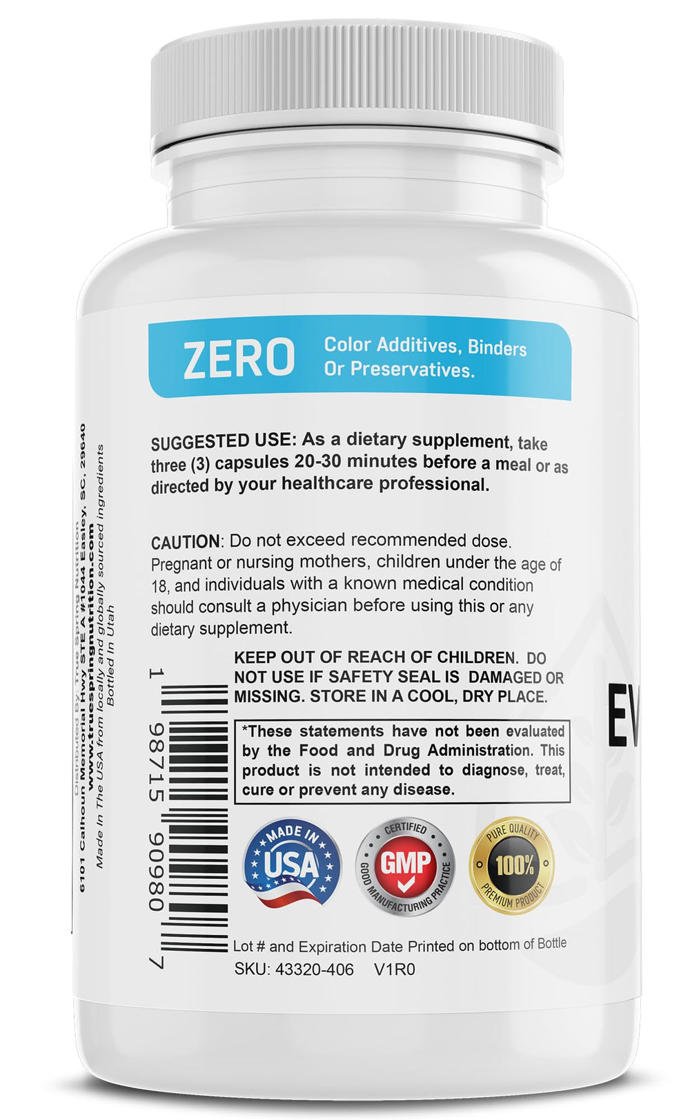 True Spring Eve Balance packaging front, premium menopause support in a stylish bottle.