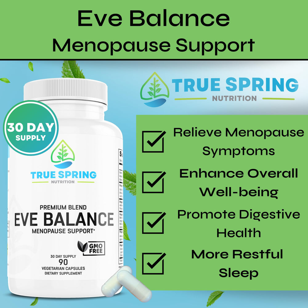 True Spring Eve Balance probiotic label close-up, prebiotics and probiotics for digestion support.