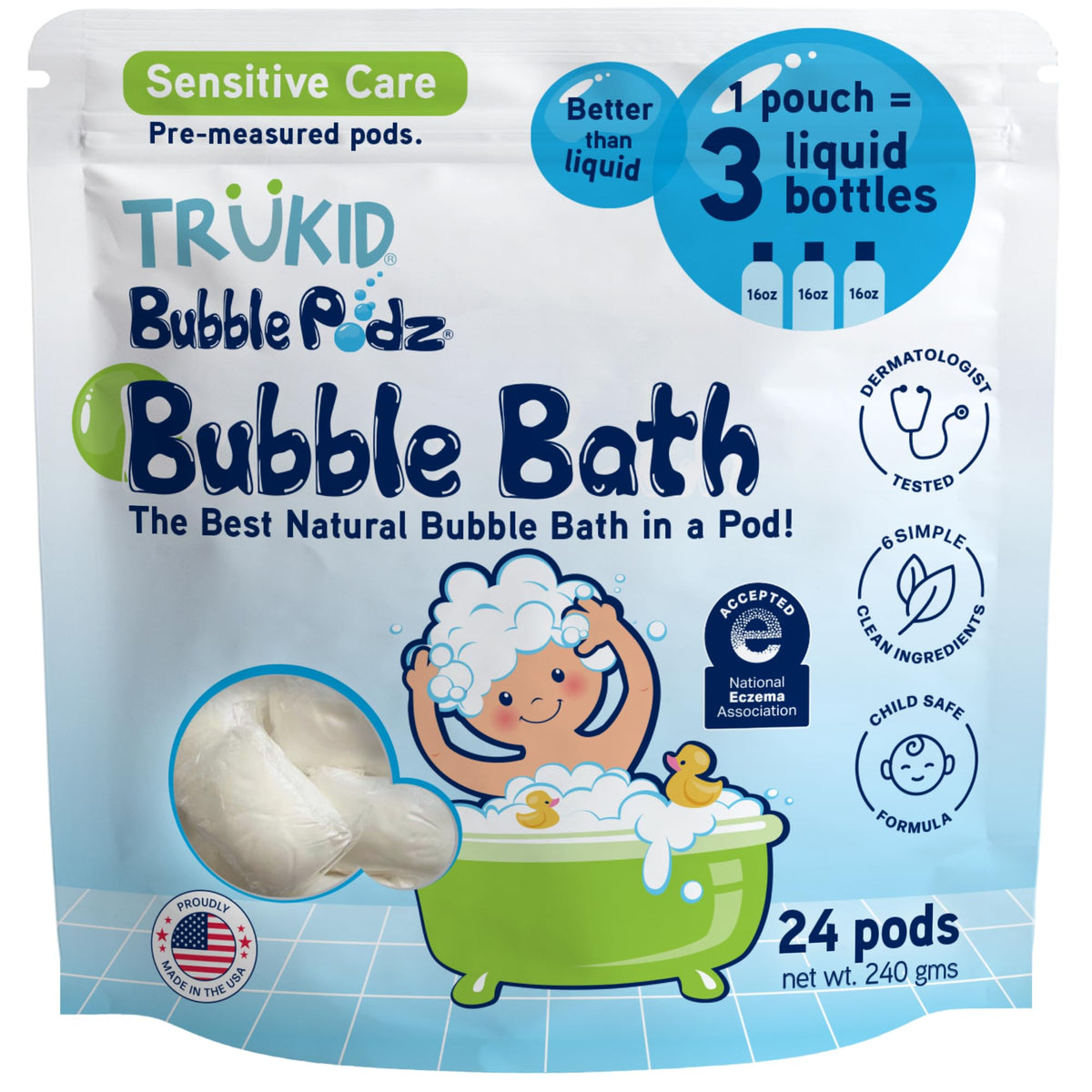 TruKid Bubble Podz bath-bubbles visible in tub, creating kid-friendly foam.
