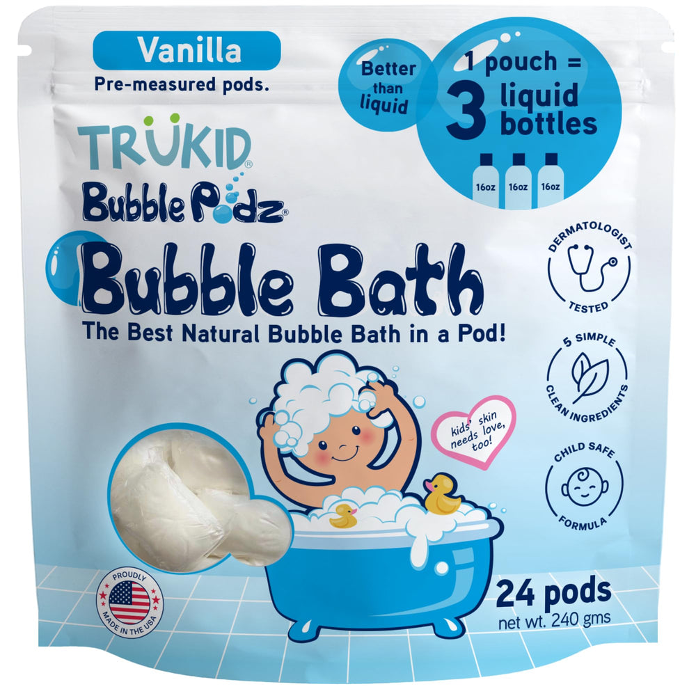 TruKid Bubble Podz bath time foam provides gentle, lasting bubbles for kids.