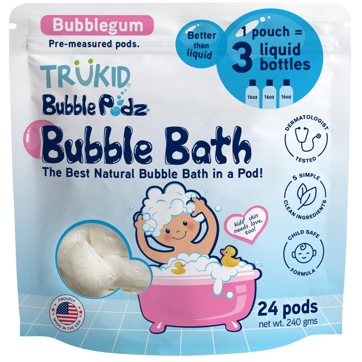 TruKid Bubble Podz creating bath bubbles for kids' bath time