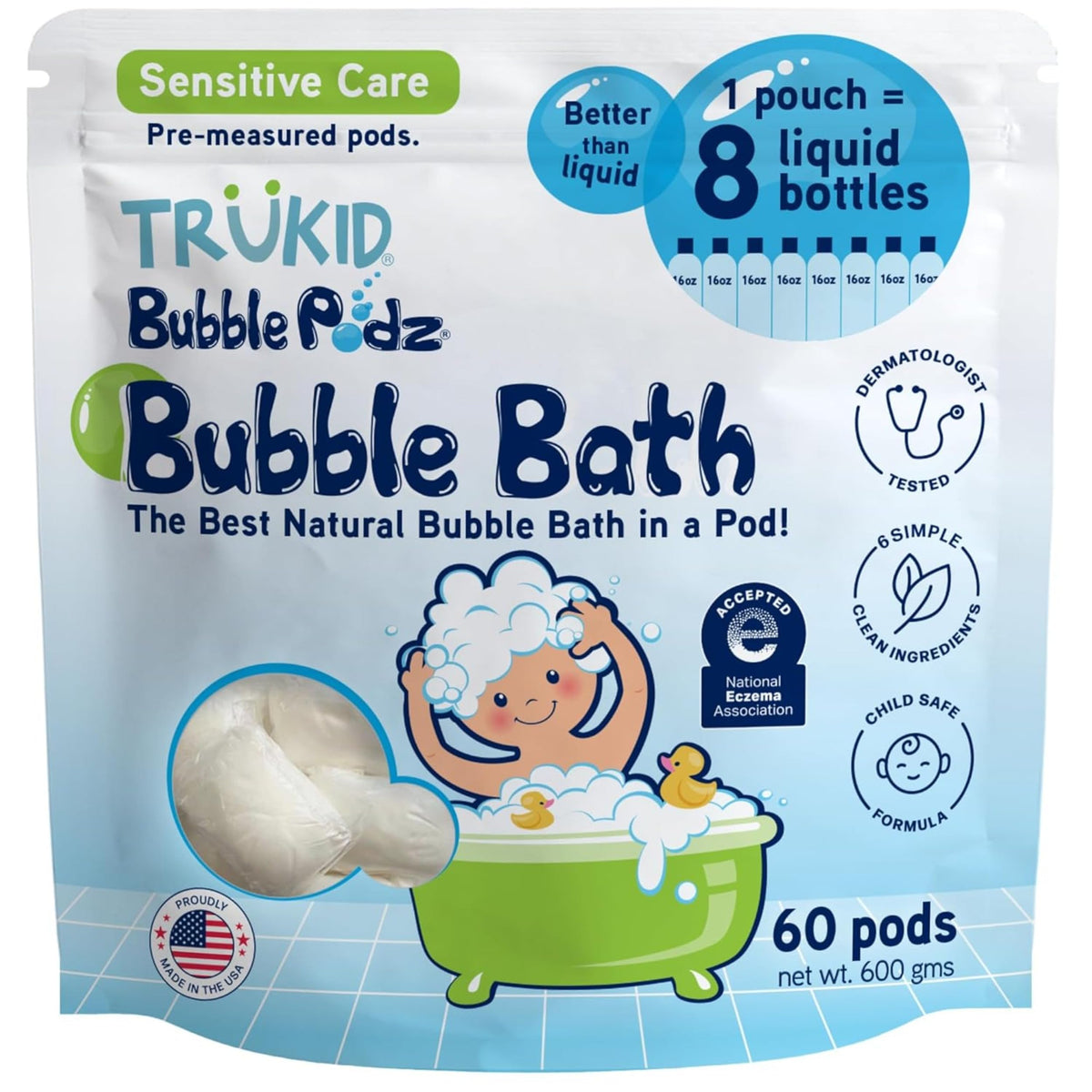 TruKid Bubble Podz dissolving pod creates gentle bubbles in the tub.
