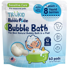 TruKid Bubble Podz dissolving pod creates gentle bubbles in the tub.