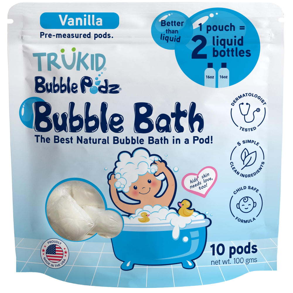 TruKid Bubble Podz bubbles fill the tub for kids' bath time.