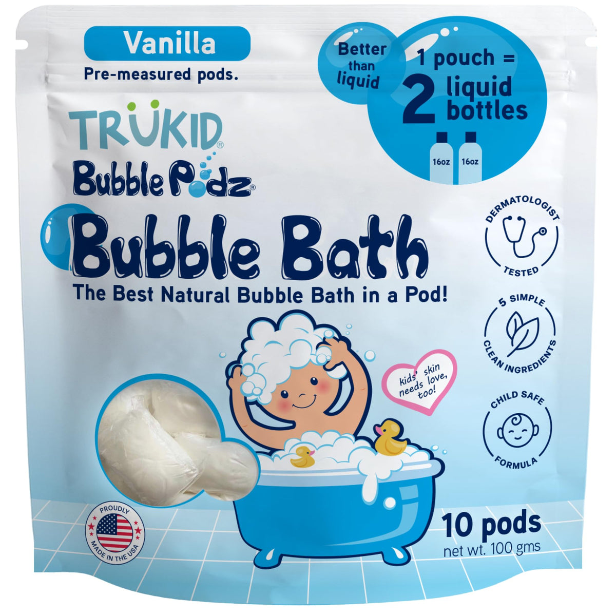 TruKid Bubble Podz bubbles fill the tub for kids' bath time.