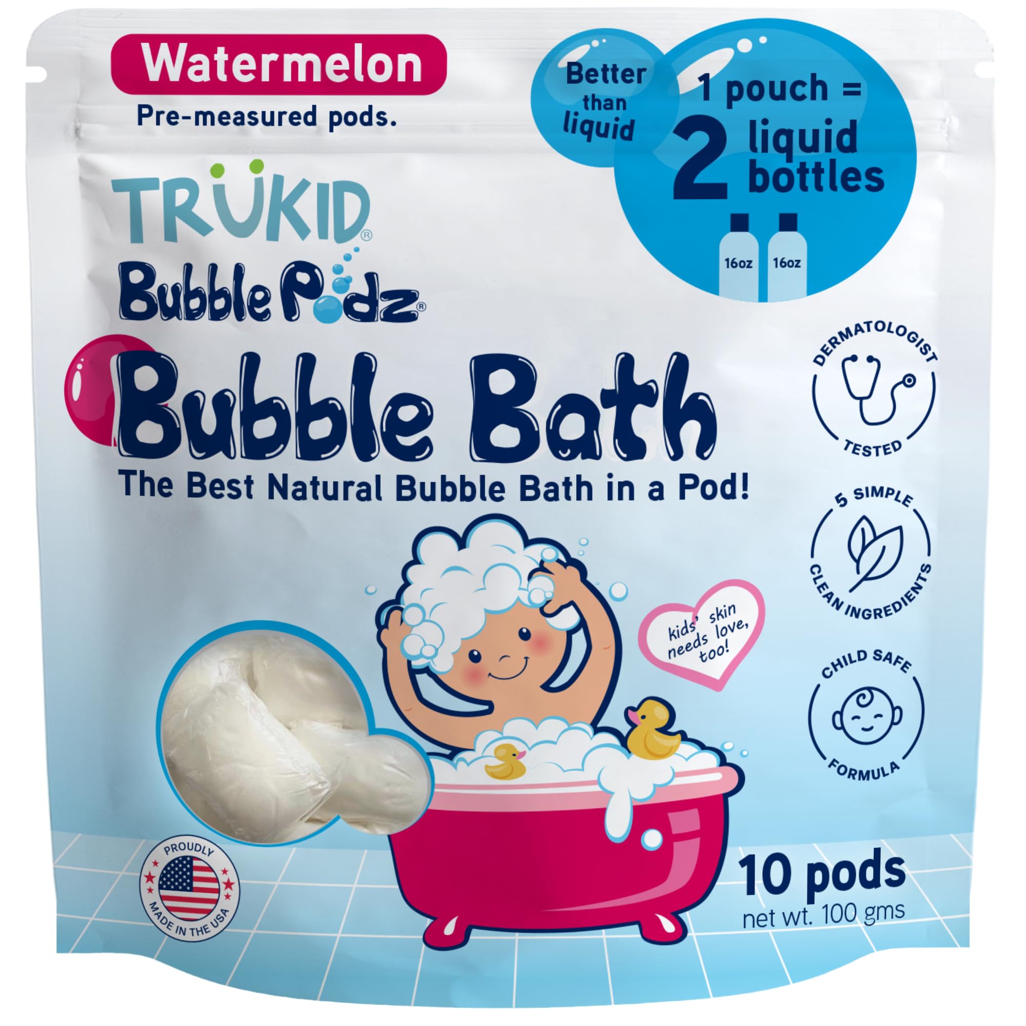 TruKid Bubble Podz dissolving pod creates gentle bath bubbles for kids.