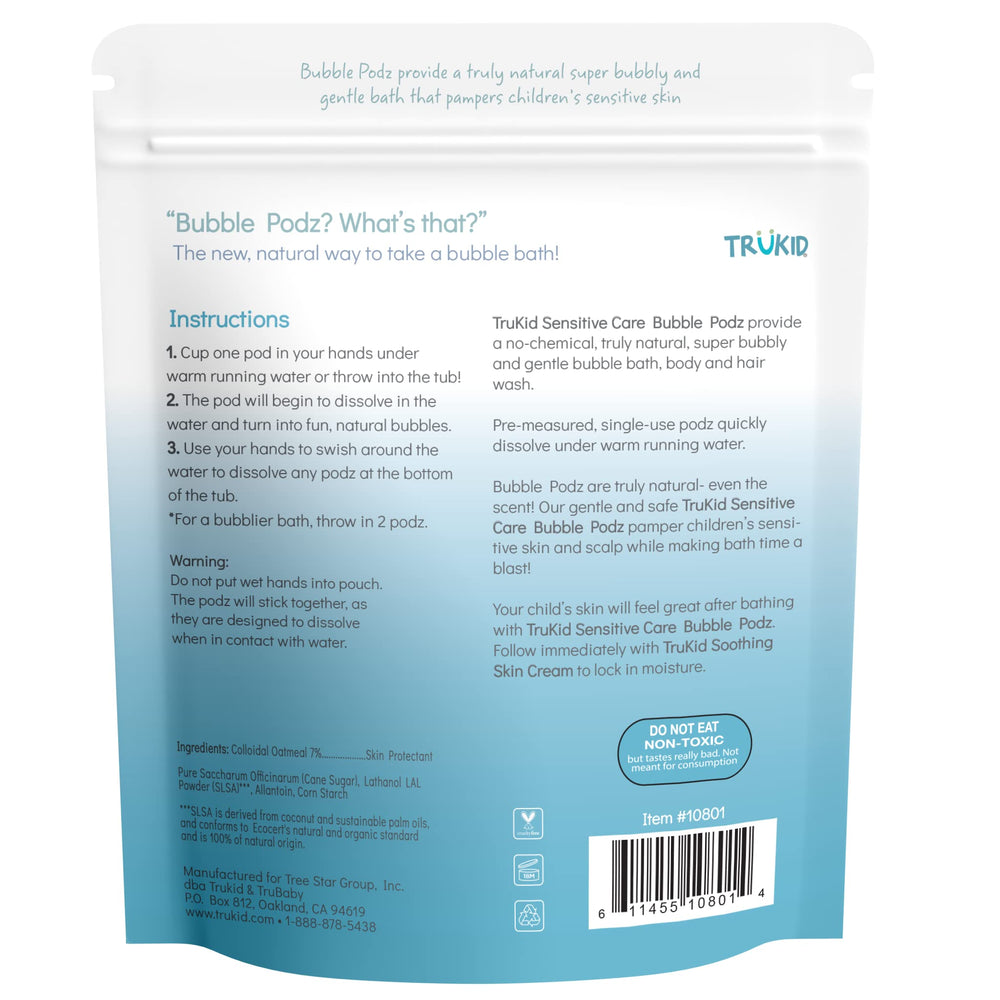 Eco-friendly packaging accompanies the TruKid Bubble Podz bubble bath.