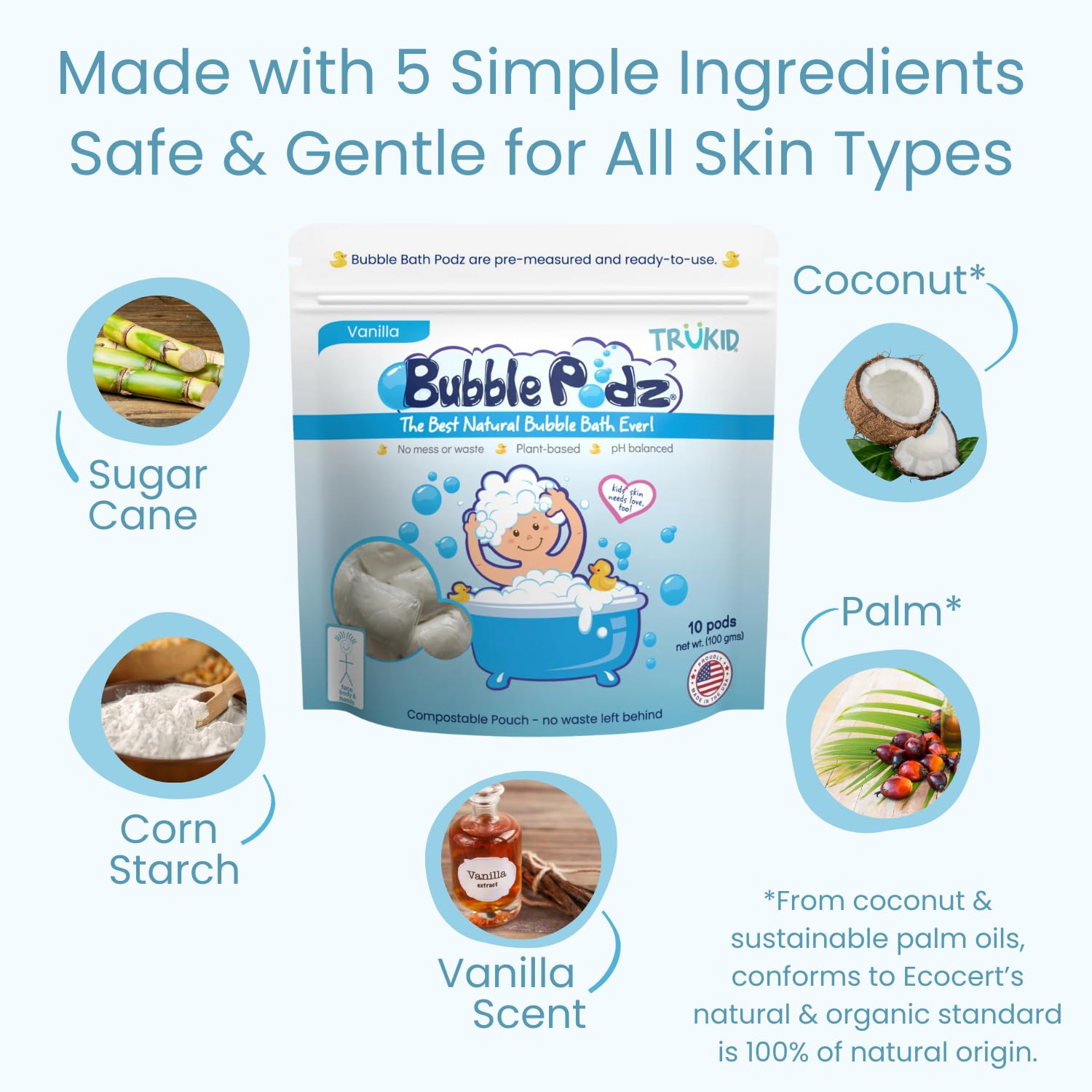 TruKid Bubble Podz eco-friendly-packaging highlights reduced plastic waste.