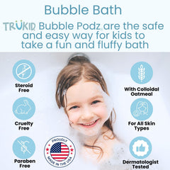 TruKid Bubble Podz fragrance-free formula for sensitive skin comfort.