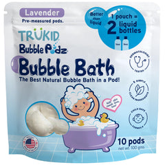 TruKid Bubble Podz packaging shows a kid-friendly bubble bath with mess-free, single-use pods.