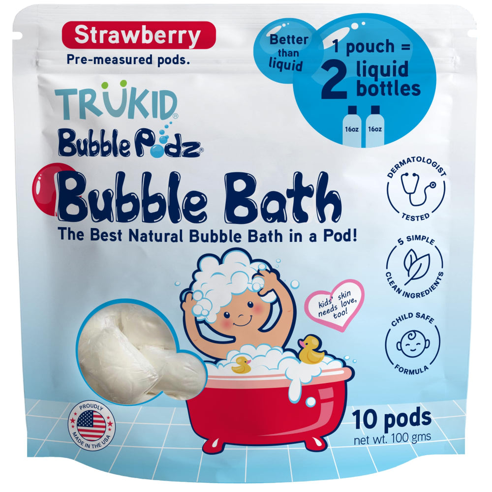 TruKid Bubble Podz packaging demonstrates a mess-free bath solution
