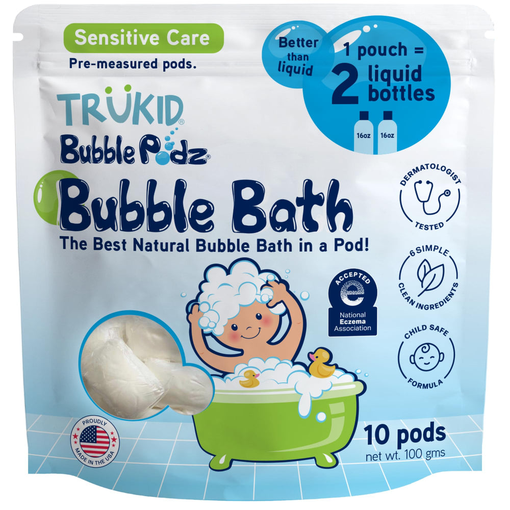 TruKid Bubble Podz pod dissolving in water to form lasting bath bubbles.