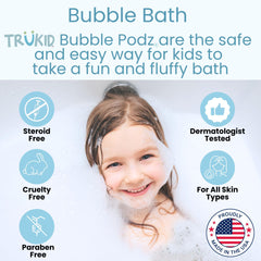 Running water activates TruKid Bubble Podz to create a rich foam for playful bath time.