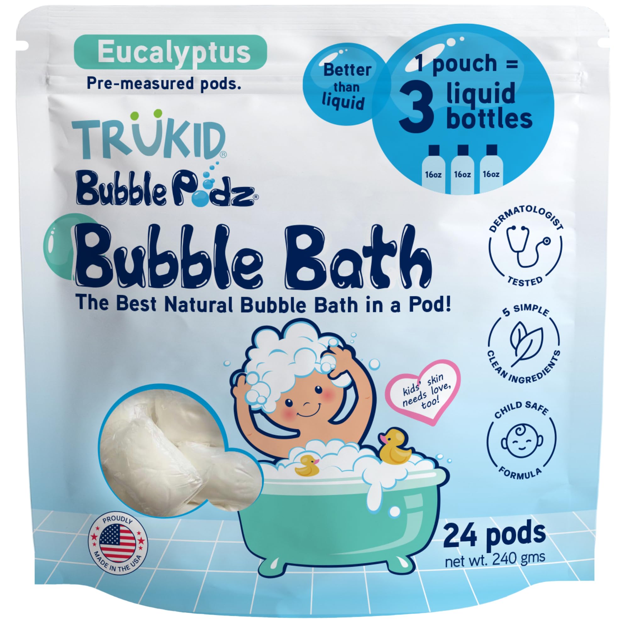 TruKid Bubble Podz in the tub creates lasting bubbles for kids' bath time.