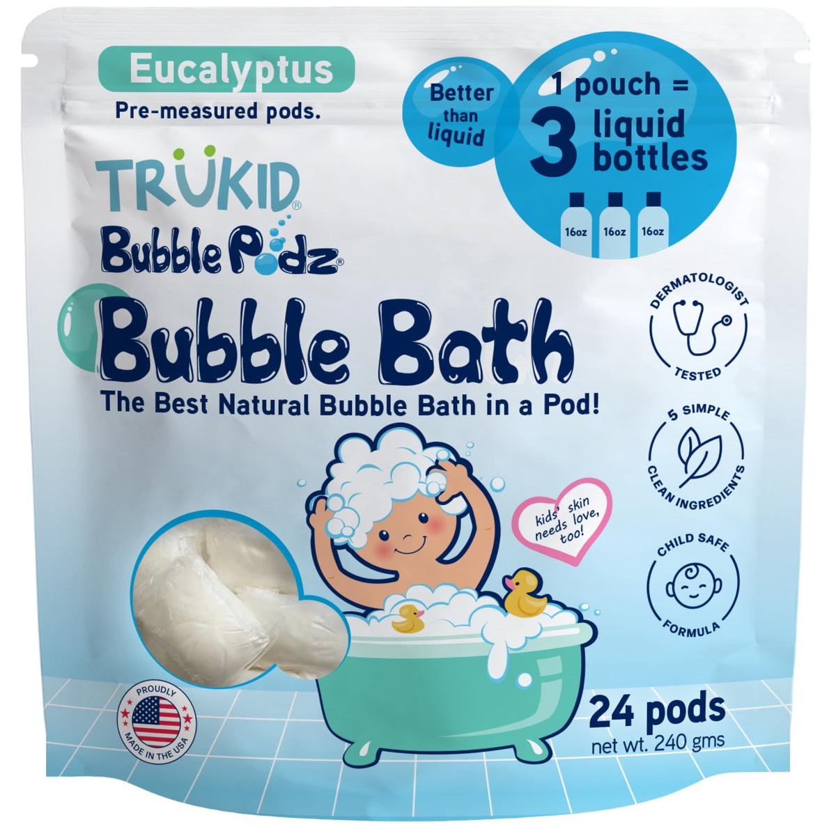 TruKid Bubble Podz in the tub creates lasting bubbles for kids' bath time.