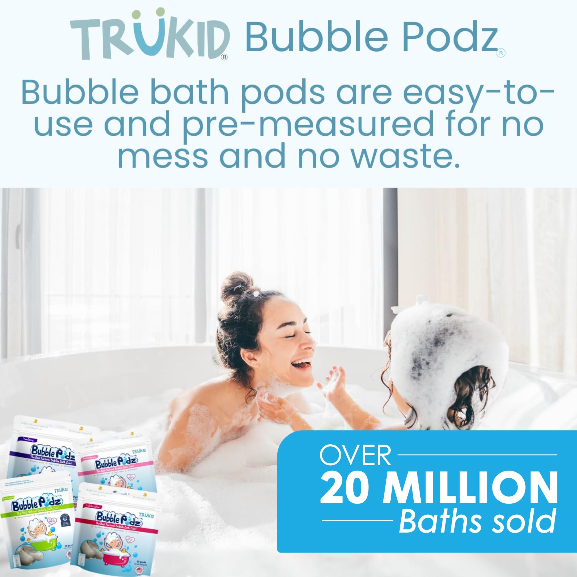 USA-made TruKid Bubble Podz shown as a trusted family bath product.