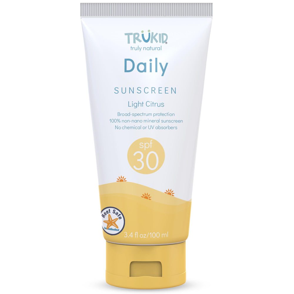 TruKid Daily Mineral Sunscreen SPF 30 tube protecting kids' face and body.