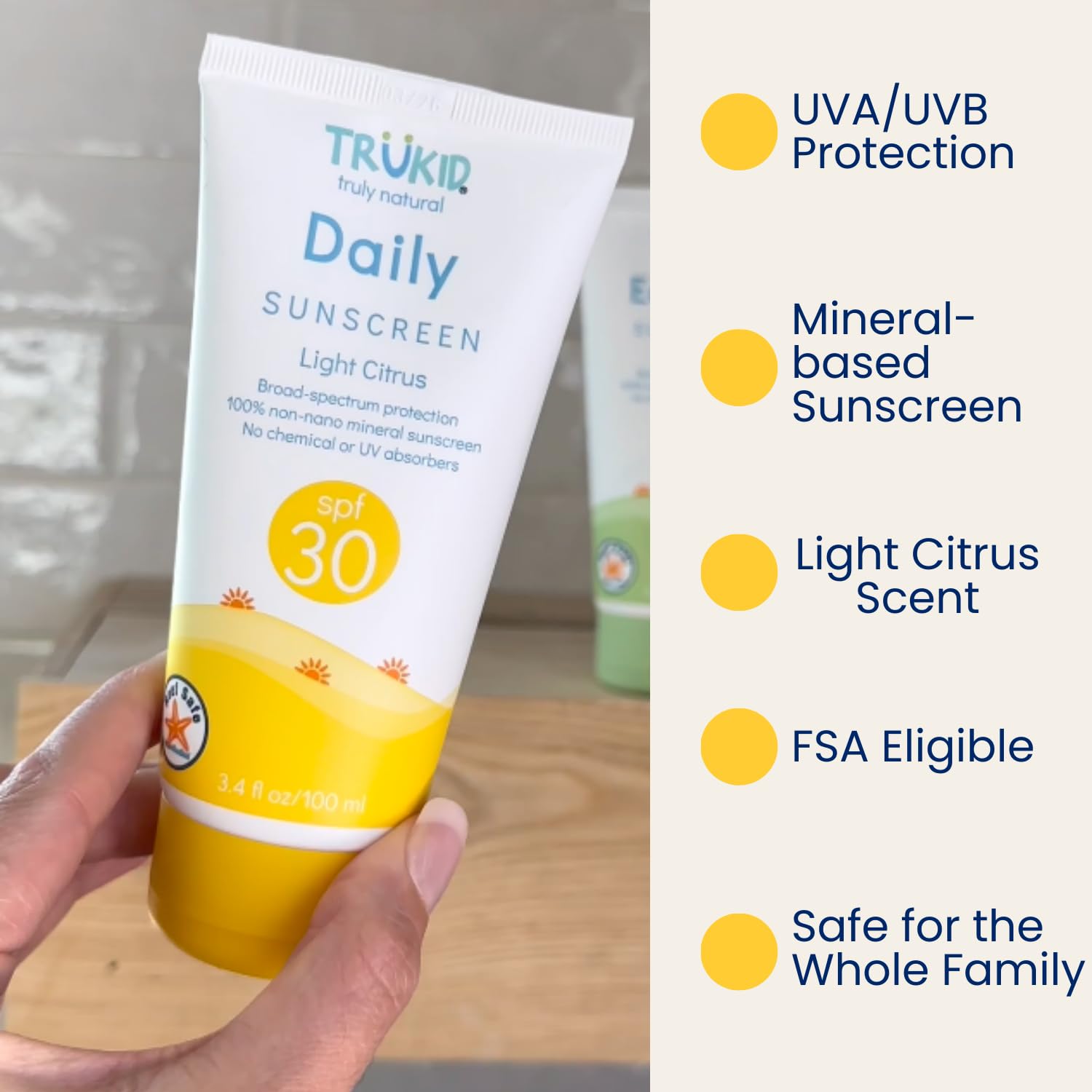 Reef-safe TruKid packaging highlighting recyclable, BPA-free design.