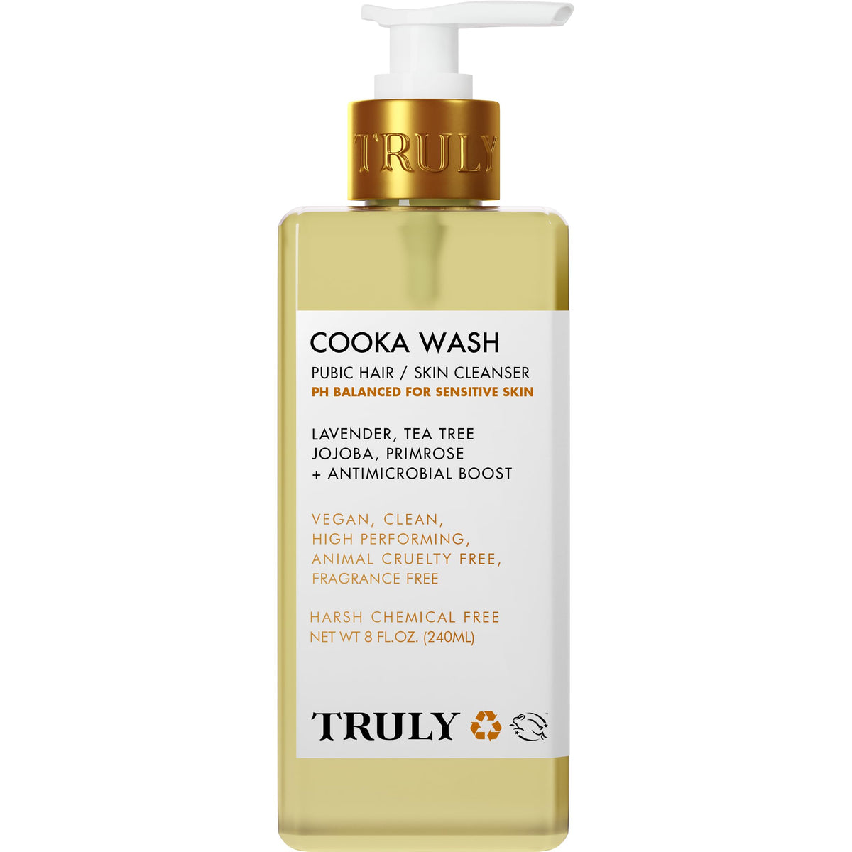 Truly Cooka Wash bottle closeup shows gentle cleansing for intimate skin.