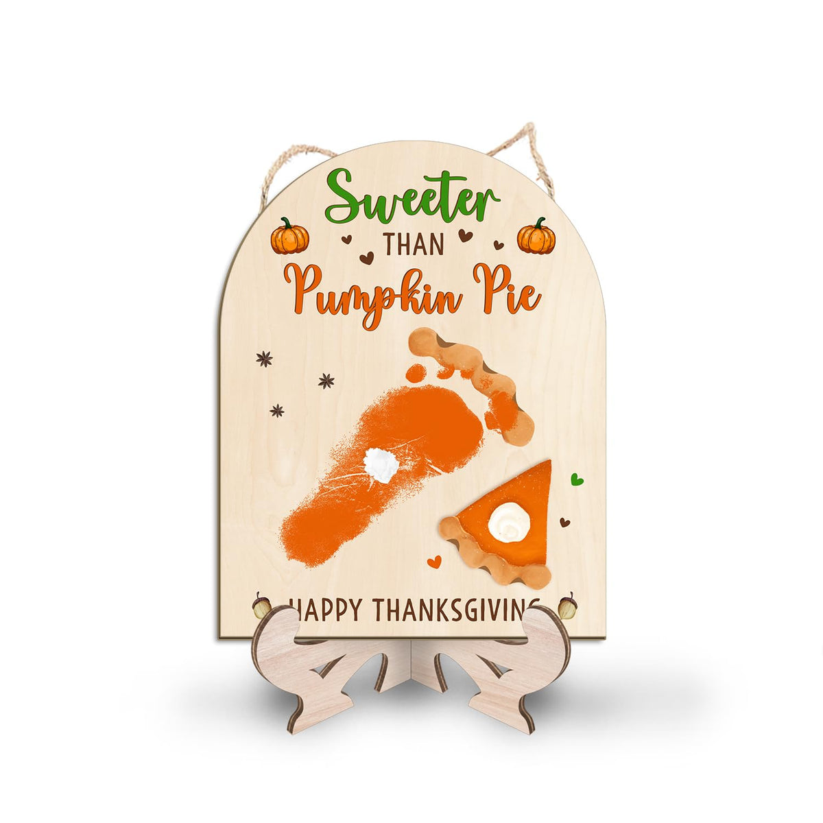 TRUMPETIC baby footprint sign featuring pumpkin pie theme for a memorable first Thanksgiving keepsake.