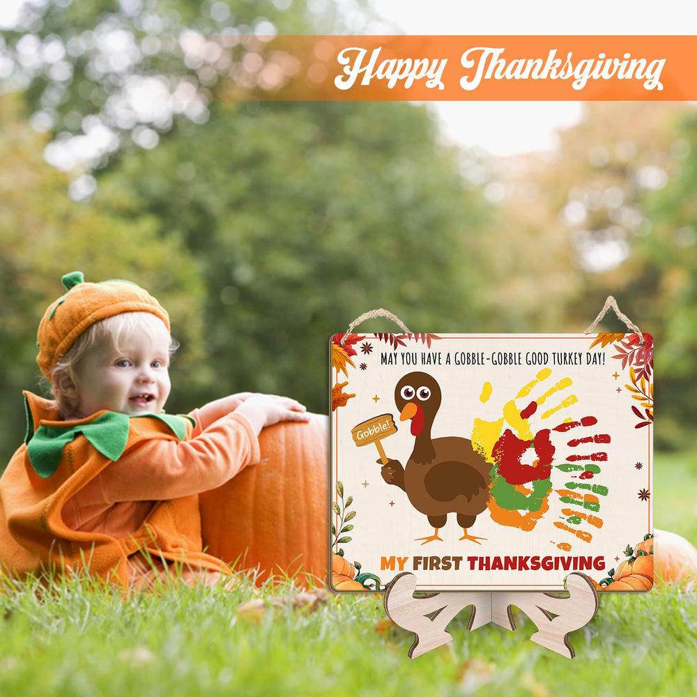TRUMPETIC fall family activity decor featuring toddler-safe handprint art in turkey motif.