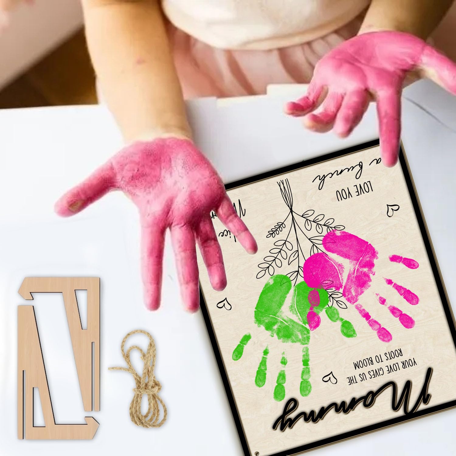 TRUMPETIC handprint sign basswood texture close-up emphasizes natural material.