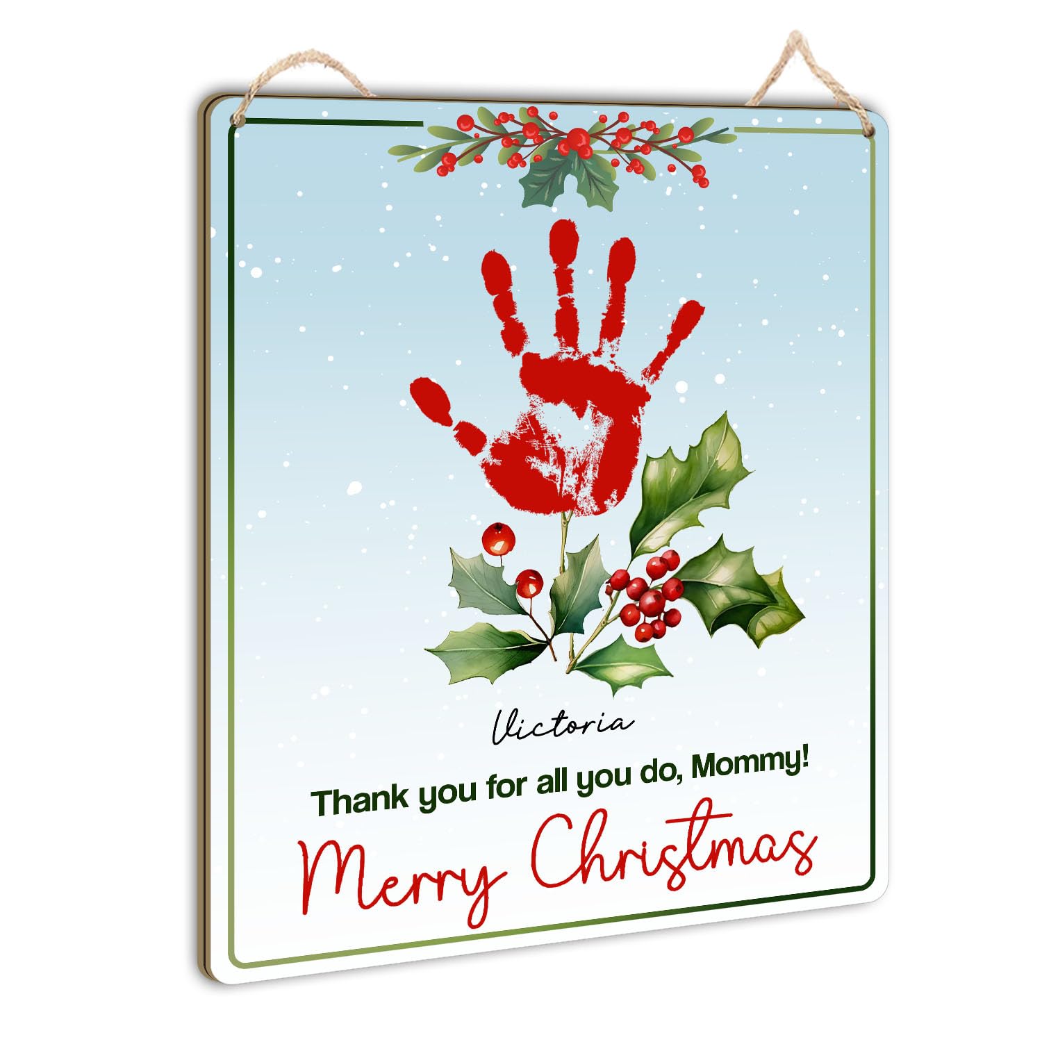 Trumpetic mommy holly red handprint sign inspires a heartfelt holiday keepsake for mom.