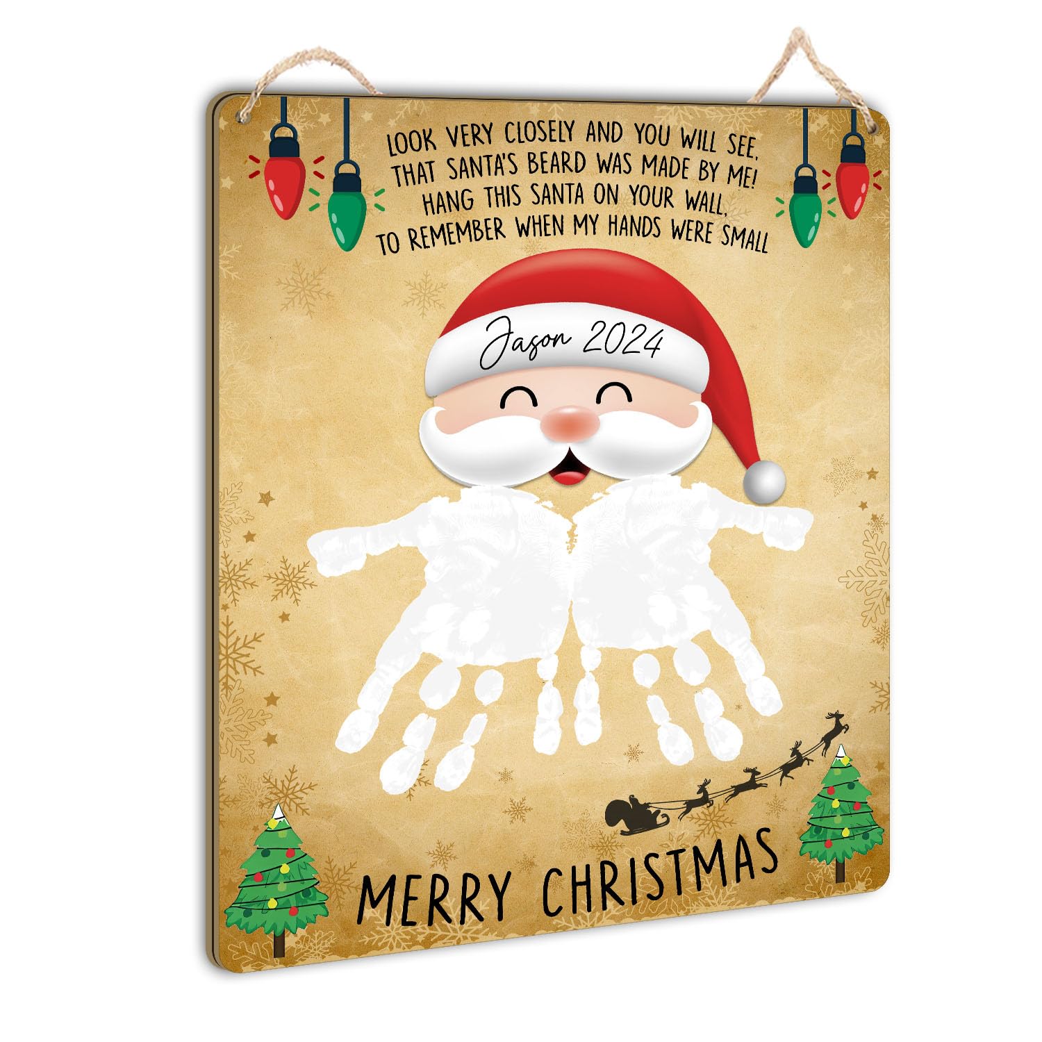 TRUMPETIC Santa beard handprint sign close-up for a lasting holiday keepsake.
