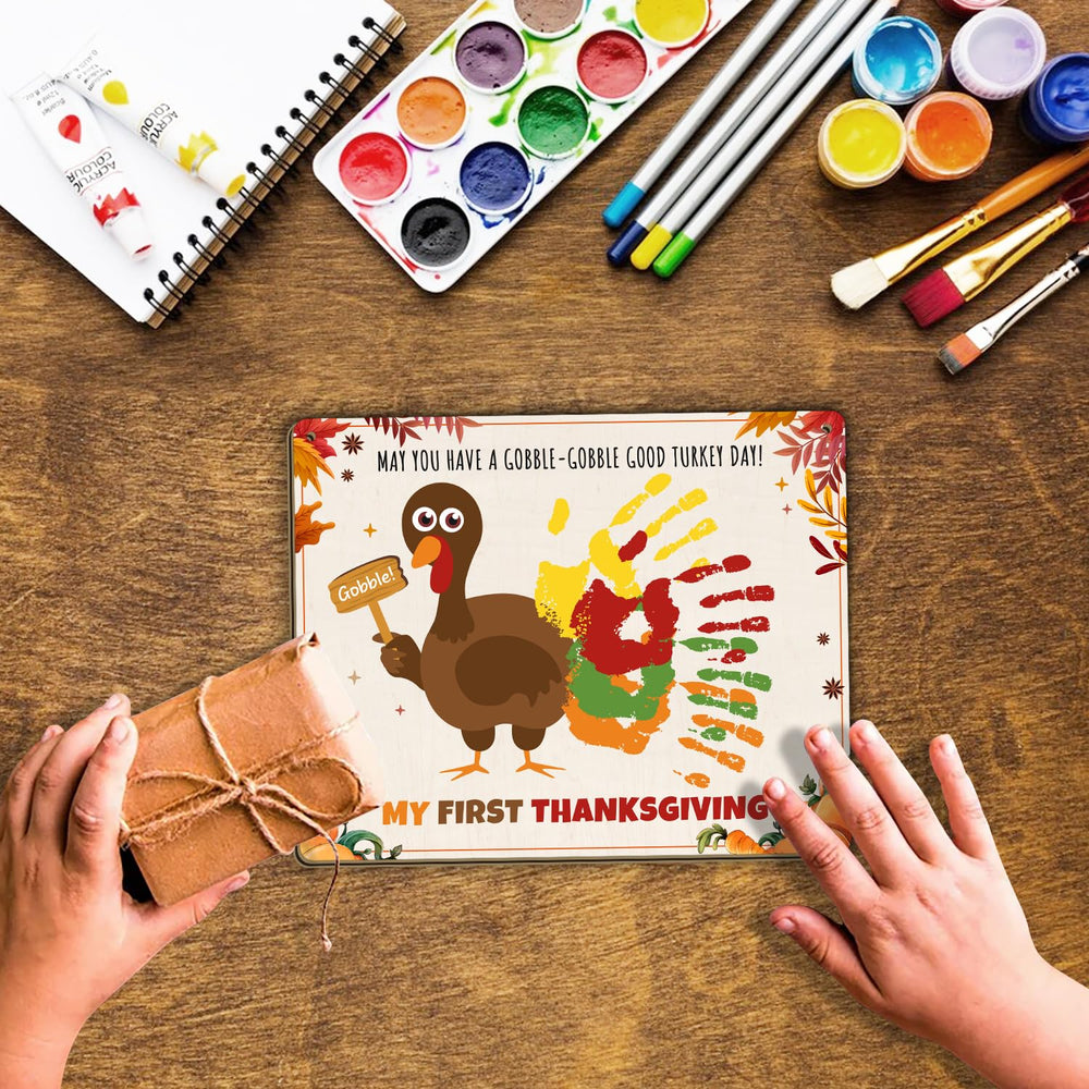 TRUMPETIC kid-friendly turkey theme decor celebrates autumn moments with a personal handprint art piece.